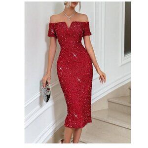 Elegant Red Off Shoulder Notched Neckline Sequin Short Sleeve Dress